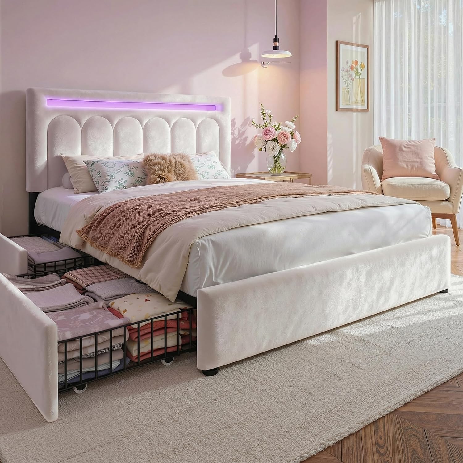 Homkdom Velvet Upholstered Full Size Bed Frame with 4 Storage Drawers, Vertical Arched LED Headboard, Sturdy Wood Slats Support, No Box Spring Needed, Beige