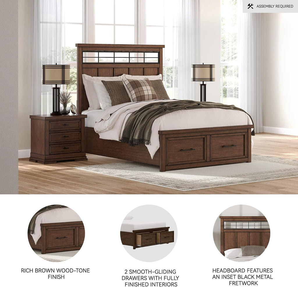 Signature Design by Ashley Taffenbrook Queen Bed Frame with Headboard, 2-Drawer Storage Platform Bed, Hardwood Solids, Mango Wood Veneer, MDF, Rich Brown Finish