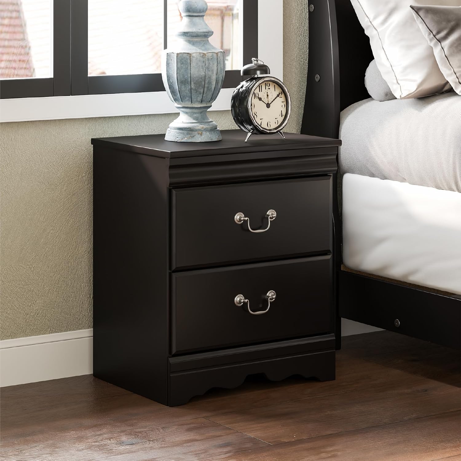 Signature Design by Ashley Huey Vineyard Traditional 2 Drawer Nightstand, Louis Phillippe Styling, Pewter Colored Handles, Shapely Mouldings, Smooth Operating Drawers, 24.45' Tall, Black