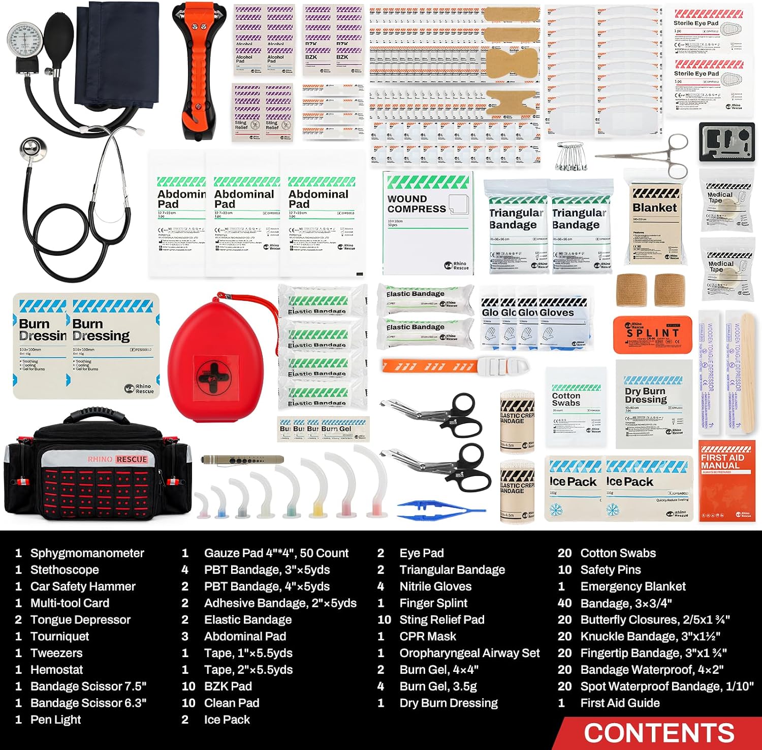 RHINO RESCUE First Responder First Aid Kit Fully-Stocked EMT Bag, Professional EMT/EMS Trauma Medical Kit, Molle System & Reflective Stripe, 300+ First Aid Supplies, Suits for Business, Home (Black)