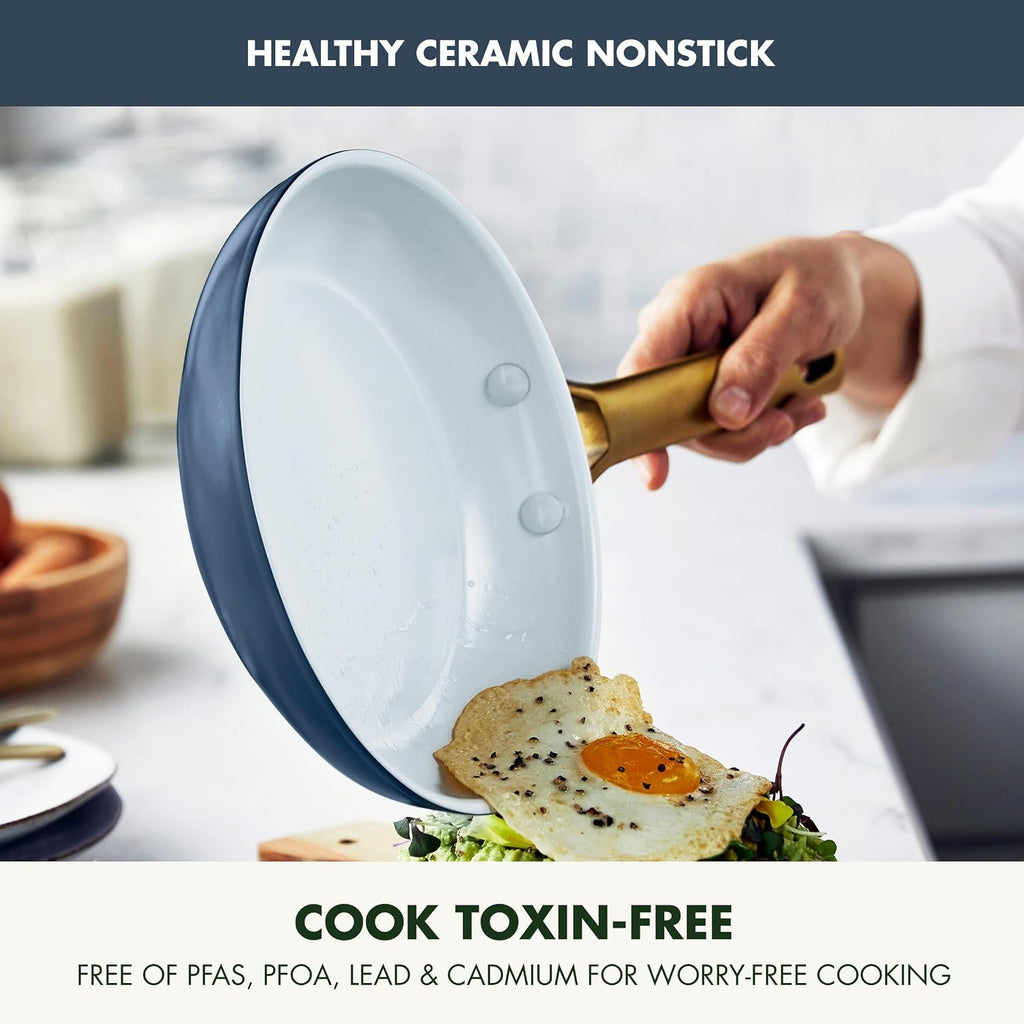 GreenPan 3 Piece Ceramic Cookware Set, Non Stick Frying Pans (8' 10' & 12' Skillets), PFAS-Free Non-Toxic Induction Cookware, Hard Anodized, Kitchen Pots, Dishwasher Safe, Navy, Taupe, Cream
