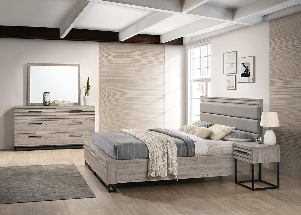 Roundhill Furniture Alvear Upholstered Wood Panel Bed, Dresser, Mirror, 2 Nightstands, and Chest, King, Weathered Gray