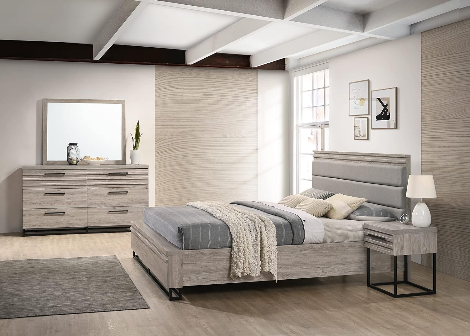 Roundhill Furniture Alvear Upholstered Wood Panel Bed, Dresser, Mirror, 2 Nightstands, and Chest, King, Weathered Gray