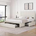 Yaheetech Queen Size Bed Frame with 2 USB Charging Station/Port for Type A&Type C/3 Storage Drawers, Leather Upholstered Platform Bed with Headboard/Solid Wood Slat Support/No Box Spring Needed/Beige
