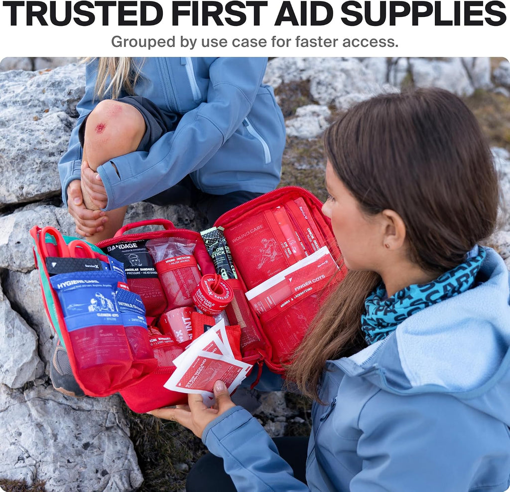 SurviveX Large First Aid Kit for Car, Travel & Home - Emergency Kit for Hiking, Camping, Backpacking and Outdoors - Includes Zip Stitch Wound Closure Strips