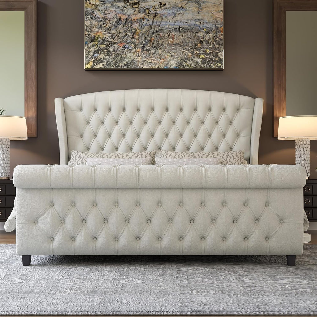 AMERLIFE California King Size Platform Bed Frame, Velvet Upholstered Sleigh Bed with Scroll Wingback Headboard & Footboard/Button Tufted/No Box Spring Required/Cream