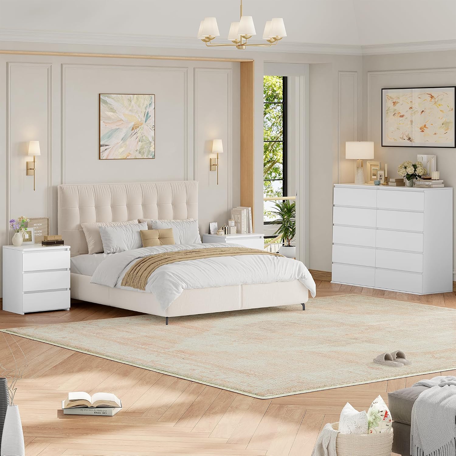FOTOSOK Bedroom Set, 5 Drawer Dresser and Nightstand Sets for Bedroom, 3 Piece Bedroom Set, Night Stand Set of 2 & White Dresser Set, Chest of Drawers Storage Cabinet Set, White