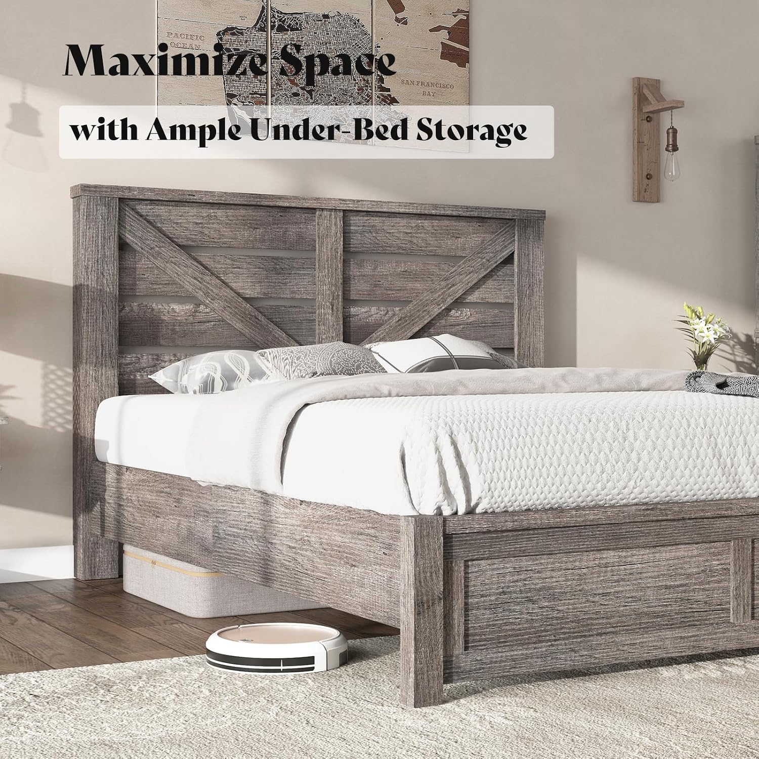 AMERLIFE Full Size Bed Frame with 49.2' Barn Door Headboard and Footboard, Farmhouse Platform Bed Frame with Wood Slats, No Box Spring Needed, Under Bed Storage, Rustic Gray