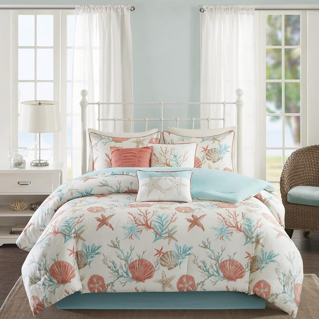 Madison Park 100% Cotton Comforter Set - Coastal Coral, Starfish Design All Season Down Alternative Cozy Bedding with Matching Shams, Decorative Pillow, California King(104'x92'), Teal 7 Piece