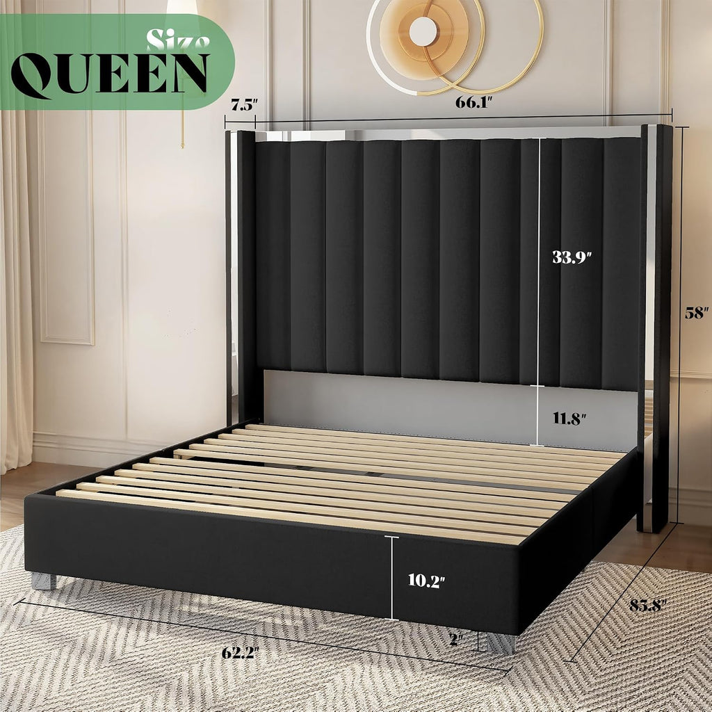 AMERLIFE 5-Piece Modern Bedroom Sets with Queen Size Upholstered Platform Bed Frame, 58' Wingback Headboard, Spacious 6-Drawer Dresser, Tall Chest, and 2 Coordinated Nightstands, Black and Grey