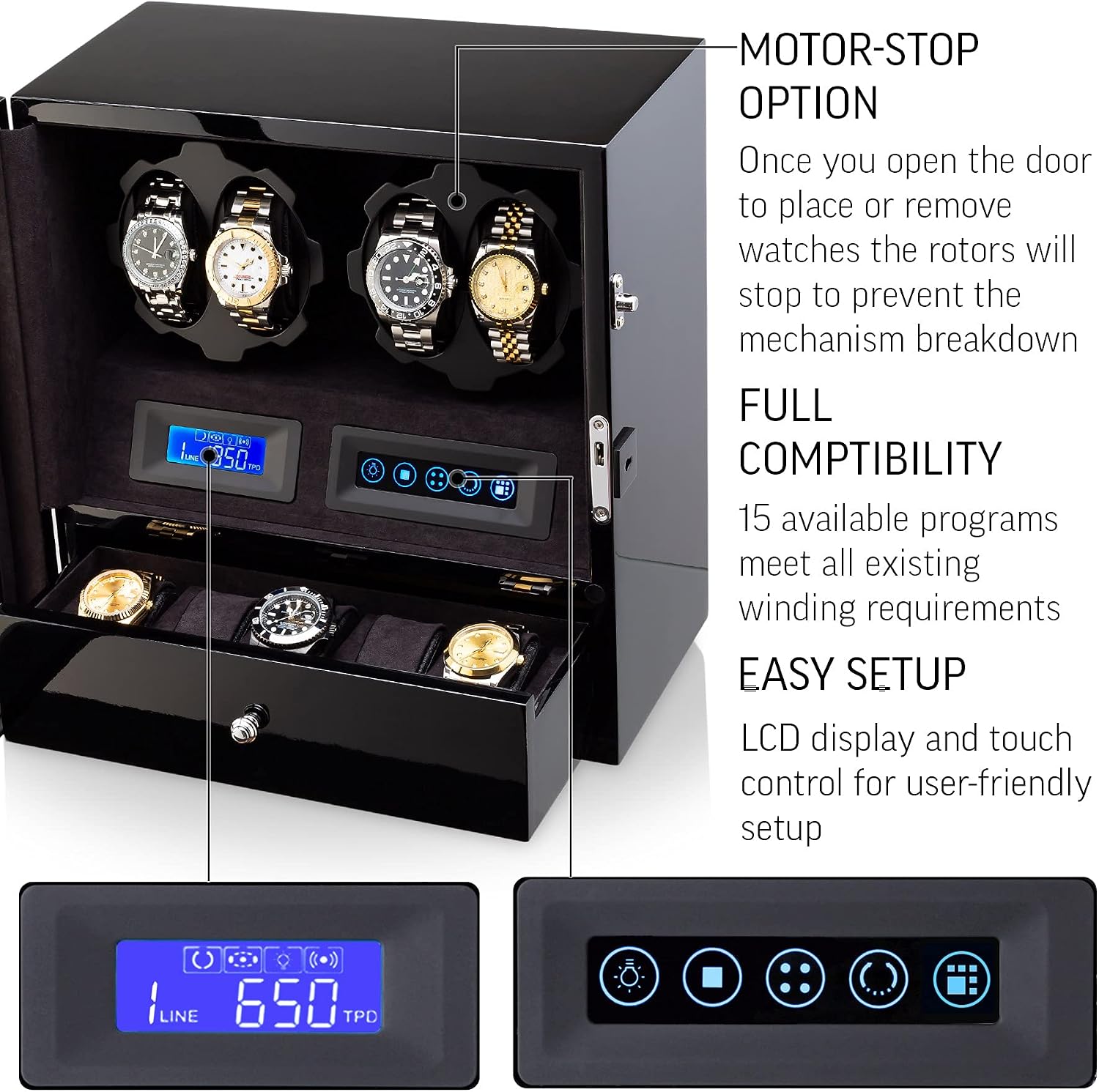 4 Watch Winder with 5 Watch Storage Space, LCD Display, Touch Control and Interior Light