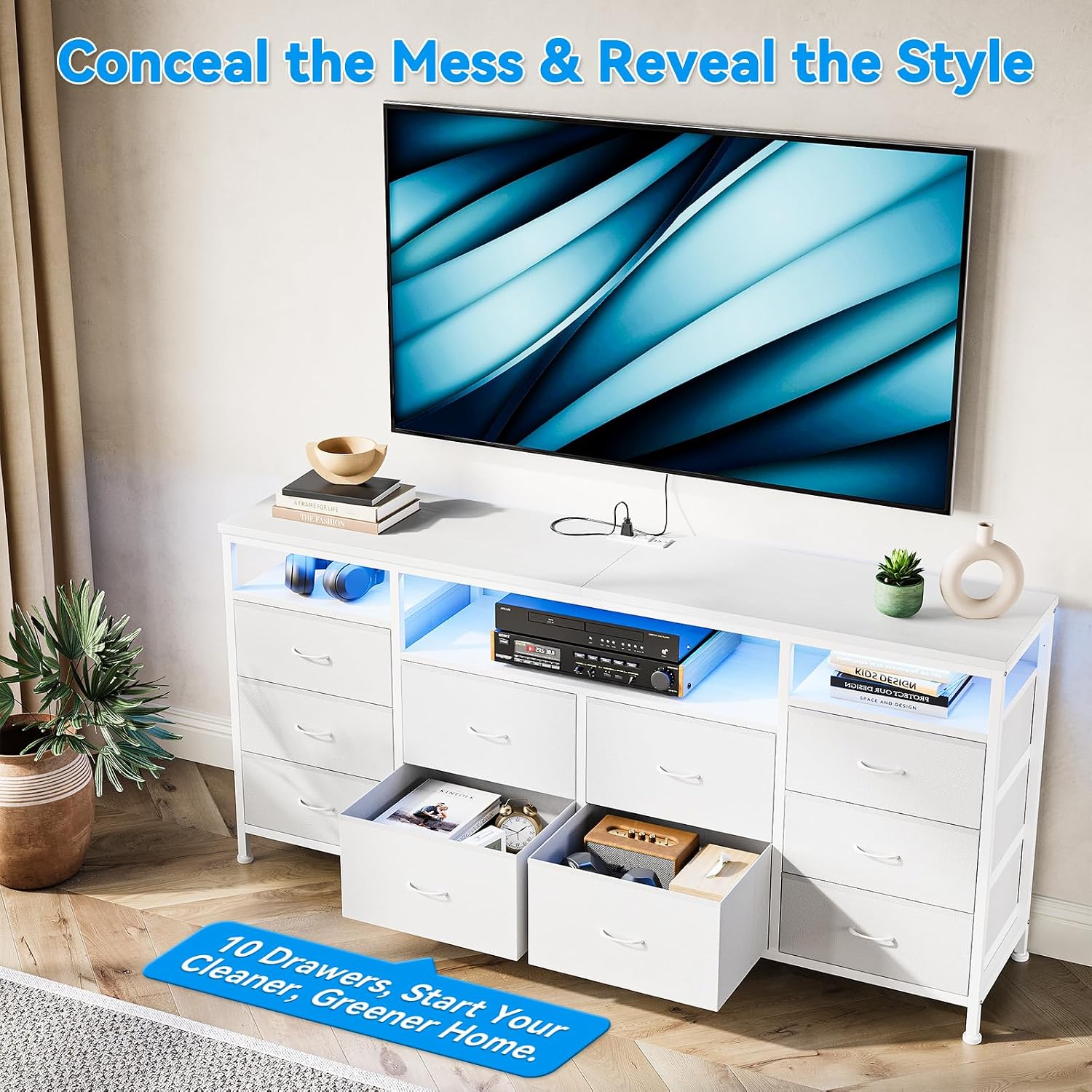 63.3 in Dresser for Bedroom, 10 Drawer Dresser Tv Stand for 65 70 75 in Tv, Fabric Chest of Drawers With Led Lights & Power Outlets, Long Entertainment Center for Closet, Living Room (White PU)