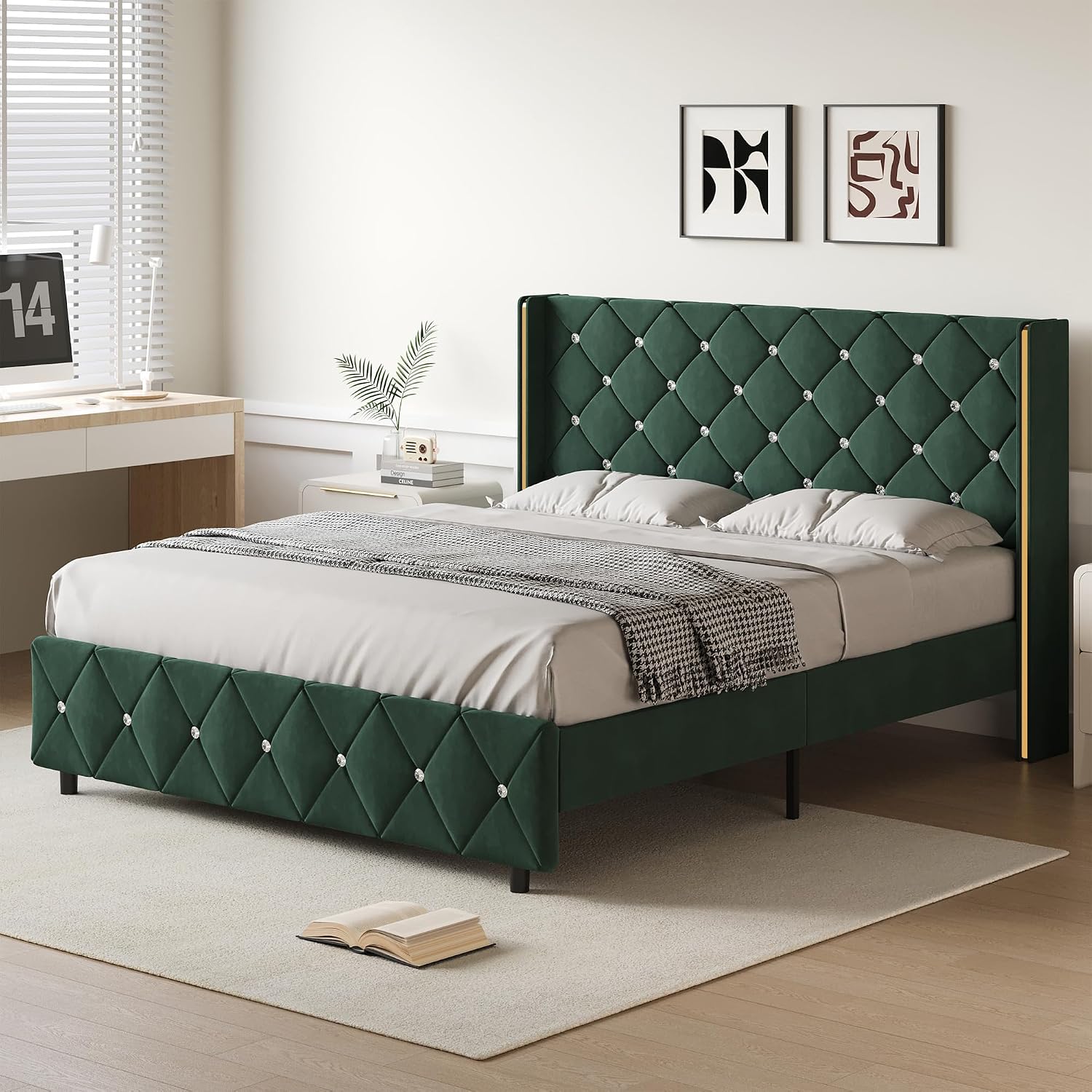 Lullabyre Queen Size Bed Frame, Upholstered Bed Frame with Diamond Tufted Headboard, Modern Silverside Wingback, No Box Spring Needed, Easy Assembly, Green