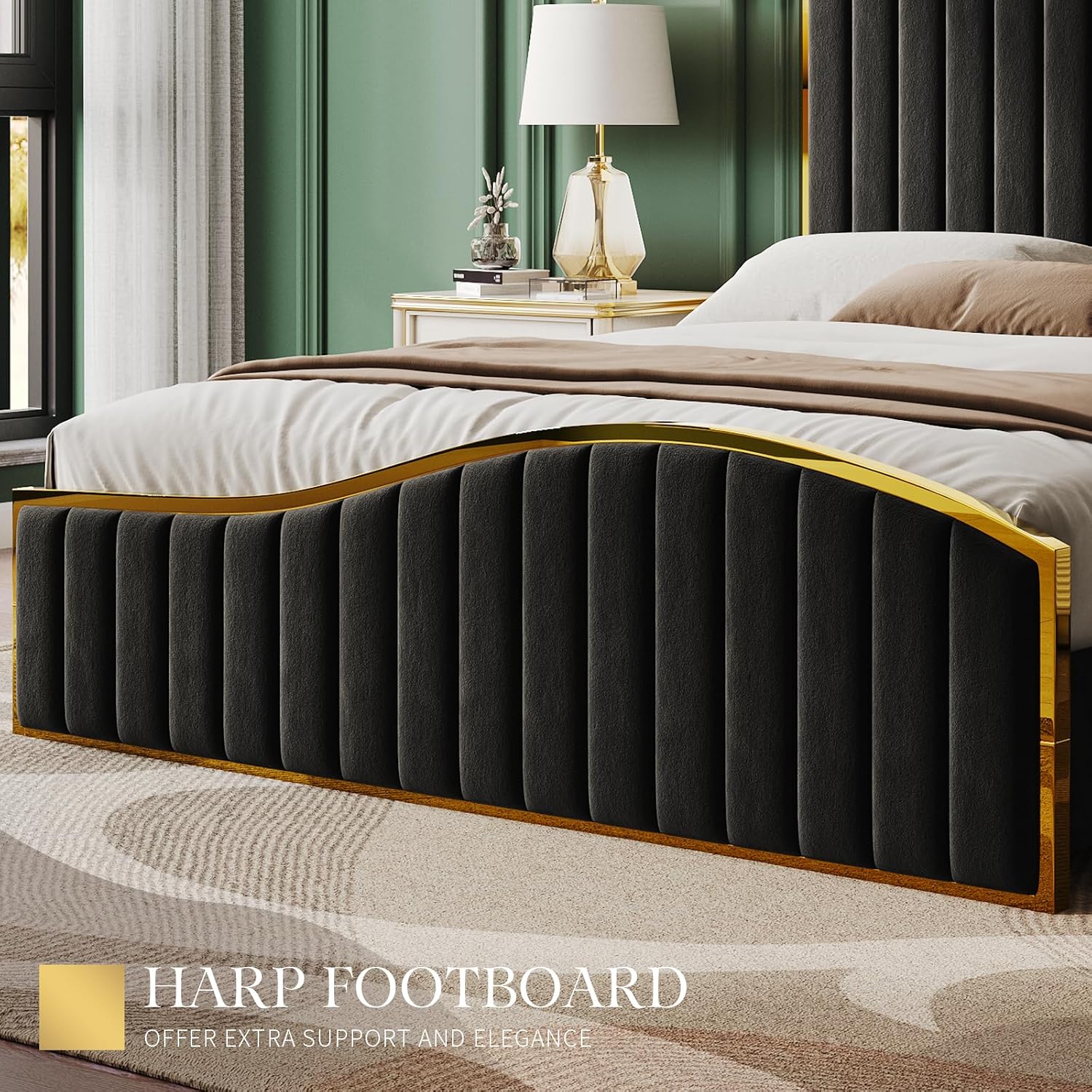 AMERLIFE Queen Size Bed Frame with 61.4' Tall Headboard, Velvet Upholstered Platform Bed with Gold Trim & Footboard, Wooden Slat Support, No Box Spring Needed, Black