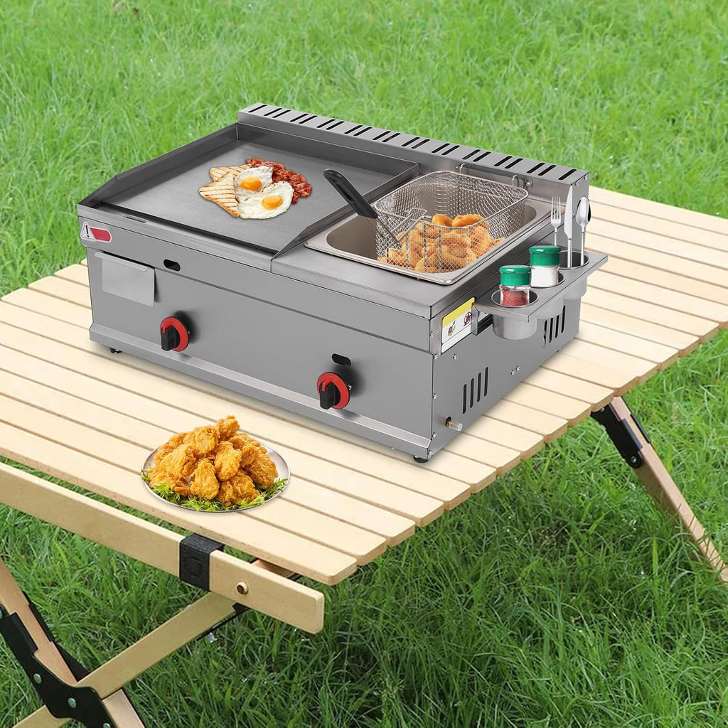 Commercial Flat Top Grill and 6L Deep Fryer Combo, Gas Nonstick Griddle, Countertop Stainless Steel Griddle and Deep Fryer with Basket for French Fry Restaurants Fast Food Stands