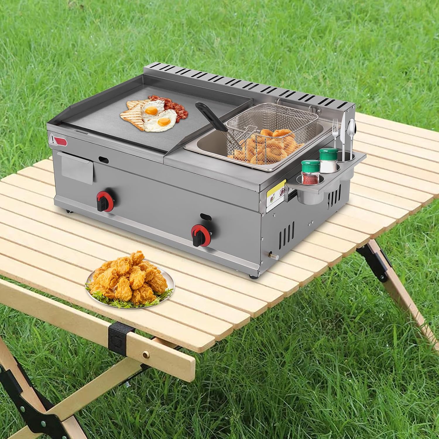 Commercial Flat Top Grill and 6L Deep Fryer Combo, Gas Nonstick Griddle, Countertop Stainless Steel Griddle and Deep Fryer with Basket for French Fry Restaurants Fast Food Stands