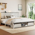 Wooden King Size Bed Frame with Headboard, Boho White Farmhouse Storage Bedframe with Sliding Barn Door Footboard and Charging Station, Wood Slats, No Box Spring Needed