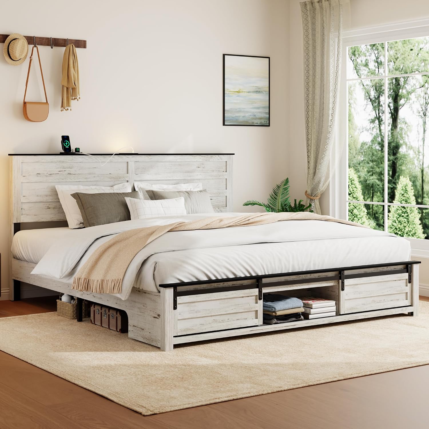 Wooden King Size Bed Frame with Headboard, Boho White Farmhouse Storage Bedframe with Sliding Barn Door Footboard and Charging Station, Wood Slats, No Box Spring Needed