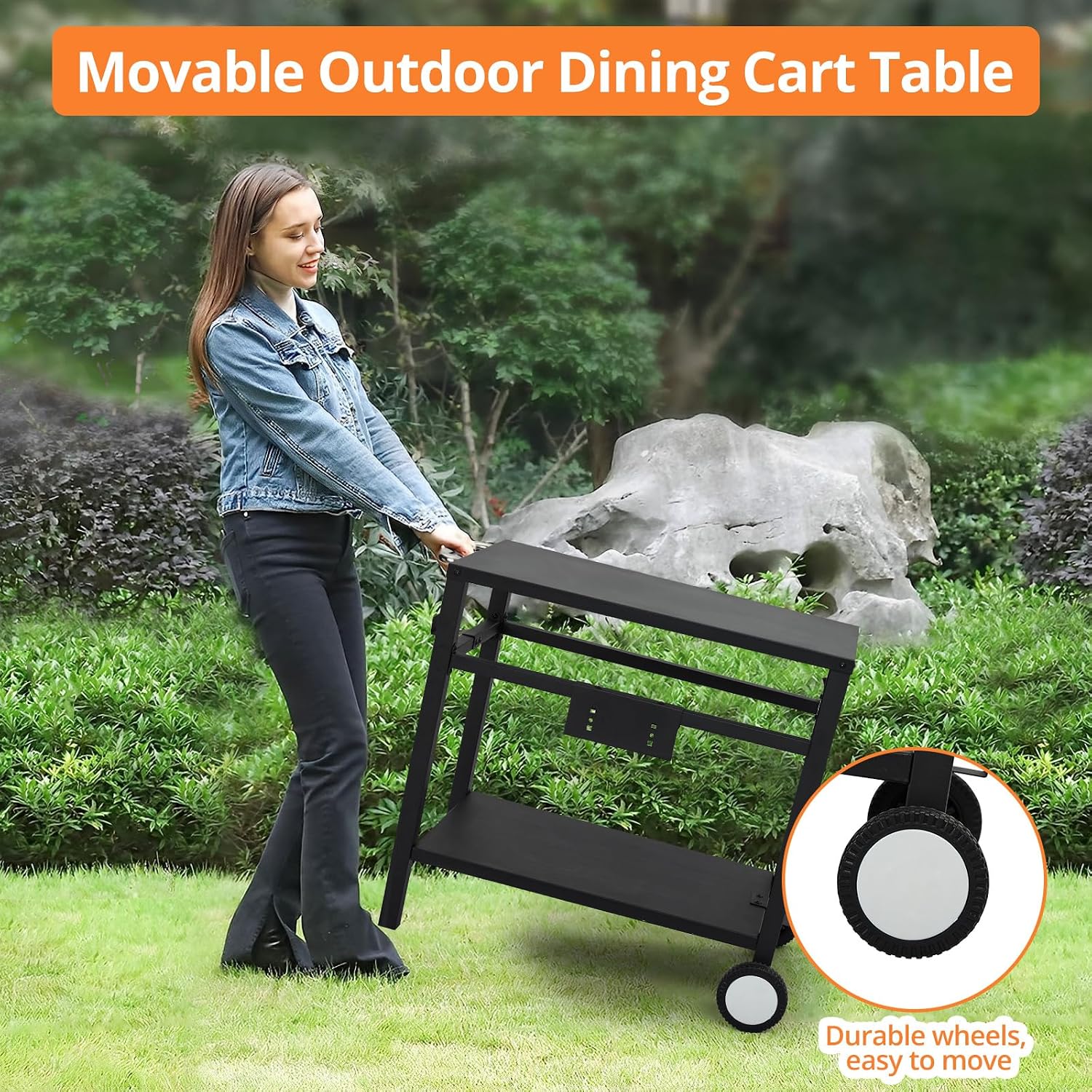 Garvee Grill Cart, Pizza Oven Stand, BBQ Prep Table with Wheels & Hooks, Side Handle, Double-Shelf Grilling Cart Tabletop Griddle Cooking Station for Bar, Patio, Camping, Home (Black)