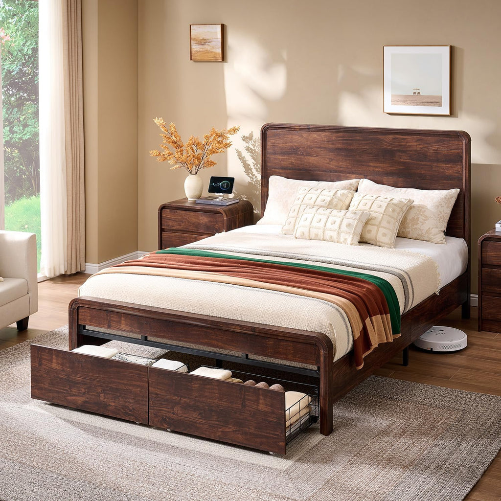 Aitjunz Modern Queen Size Bed Frame with 50' Tall Headboard, Wood Queen Size Platform Bed Frame w/3 Storage Drawers, Curved Profile Design, Wood & Steel Platform Bed, No Box Spring Needed, Dark Walnut