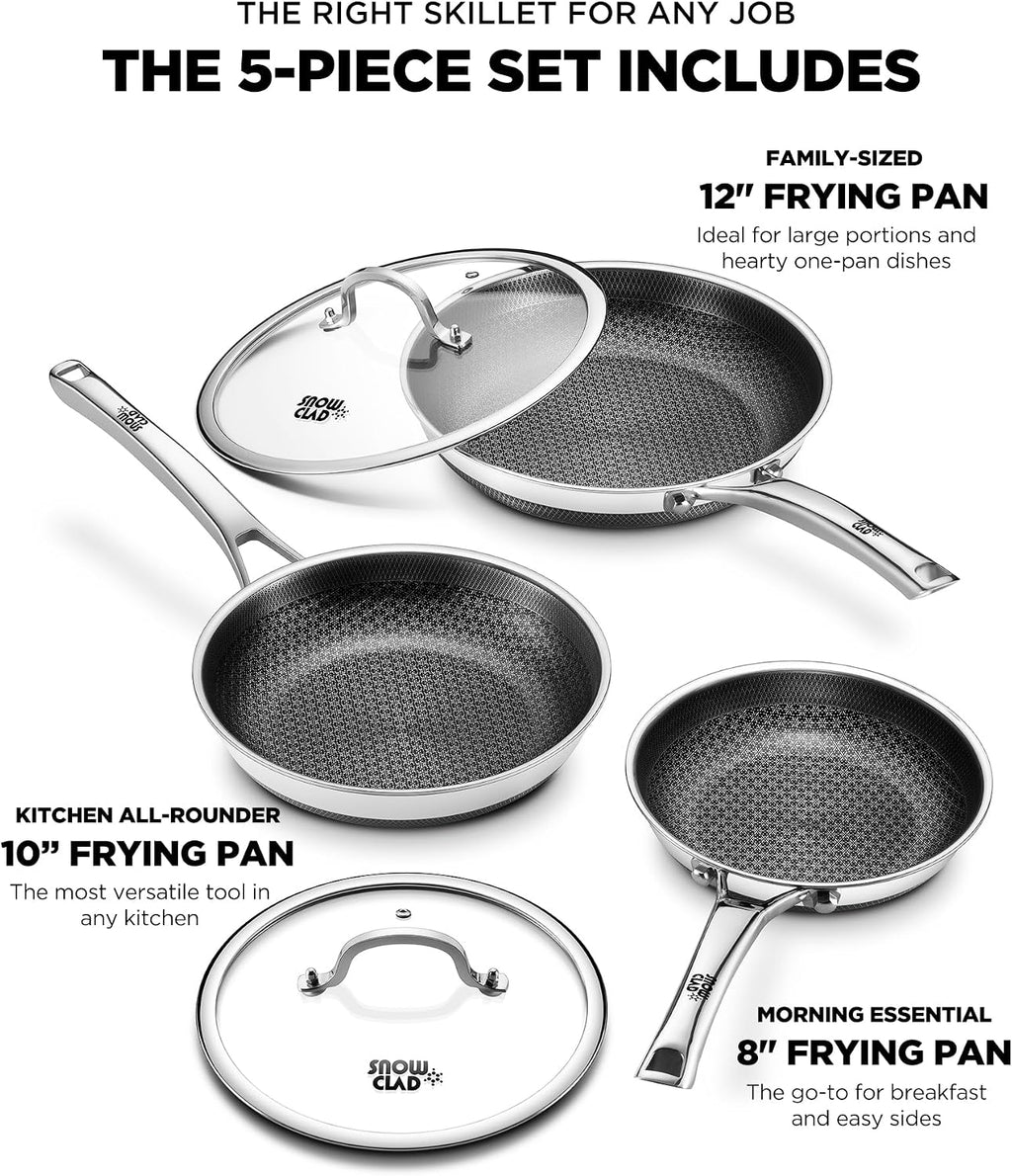 Non Stick Frying Pans set, 8+10+12 inch with Lids, Hybrid Pans Fajita Set, Stainless Steel,Dishwasher, PFOA Free Cookware, Dishwasher Skillets, Induction Compatible Cooking Pan, PFOA Free, Oven-Safe
