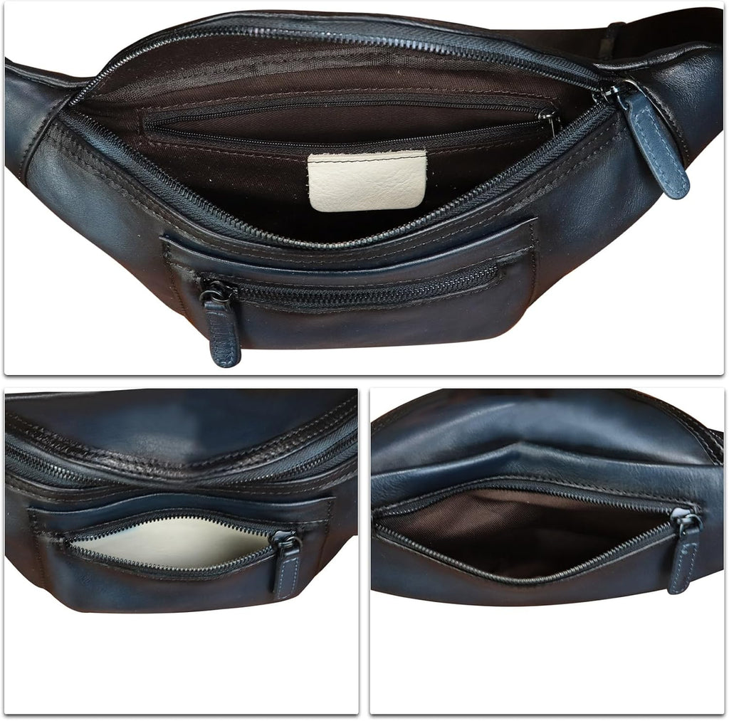 Genuine Leather Fanny Pack for Men and Women Vintage Handmade Leather Waist Bag Sling Backpack Hip Purse Crossbody Bag (Blue)