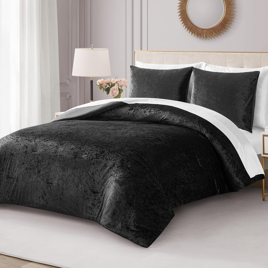 Juicy Couture Crushed Velvet King Comforter and Sham Set, 3-Piece King Bedding Set - (1) 102'x90' Comforter and (2) 20'x36' Sham - Black