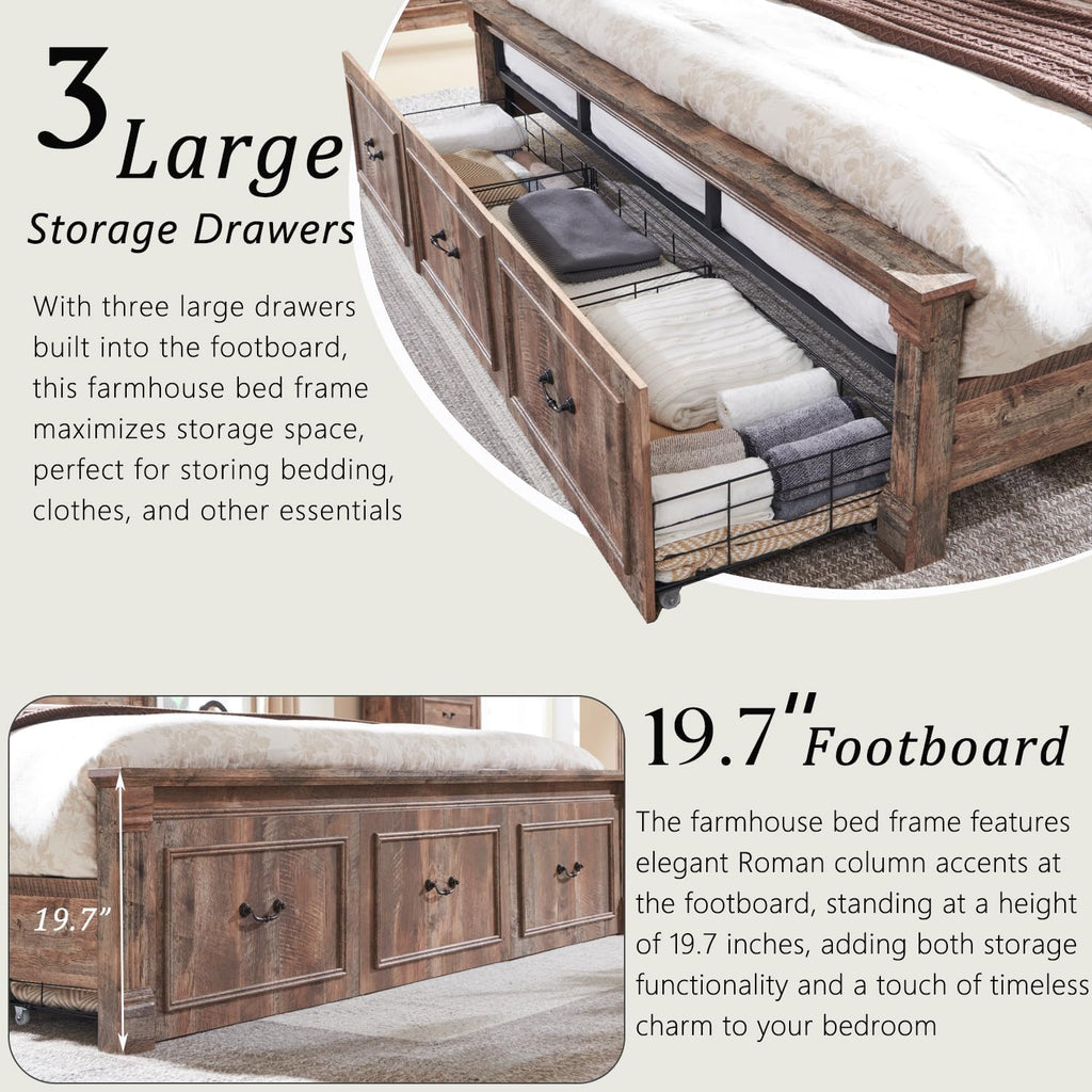 Aitjunz Farmhouse King Size Bed Frame with 51' Tall Headboard, Wood Platform Bed Frame with 20' Tall Roman Column Decoration Footboard & 3 Large Storage Drawers, No Box Spring Needed (Light Brown)