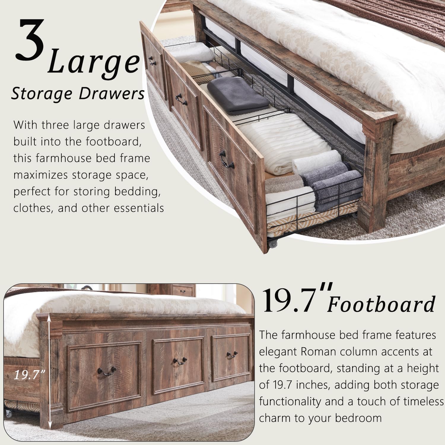 Aitjunz Farmhouse King Size Bed Frame with 51' Tall Headboard, Wood Platform Bed Frame with 20' Tall Roman Column Decoration Footboard & 3 Large Storage Drawers, No Box Spring Needed (Light Brown)