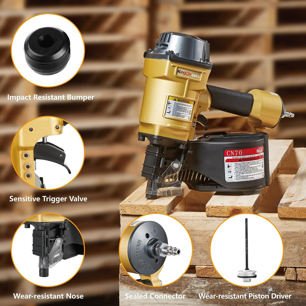 Kingou CN70 Siding Nailer Accepts 1-3/4-Inch to 2-3/4-Inch Nails with 1/4 NPT Air Connector 225-300pcs Load Capacity Coil Nailer Coil Nail Gun for Wooden Box Packing