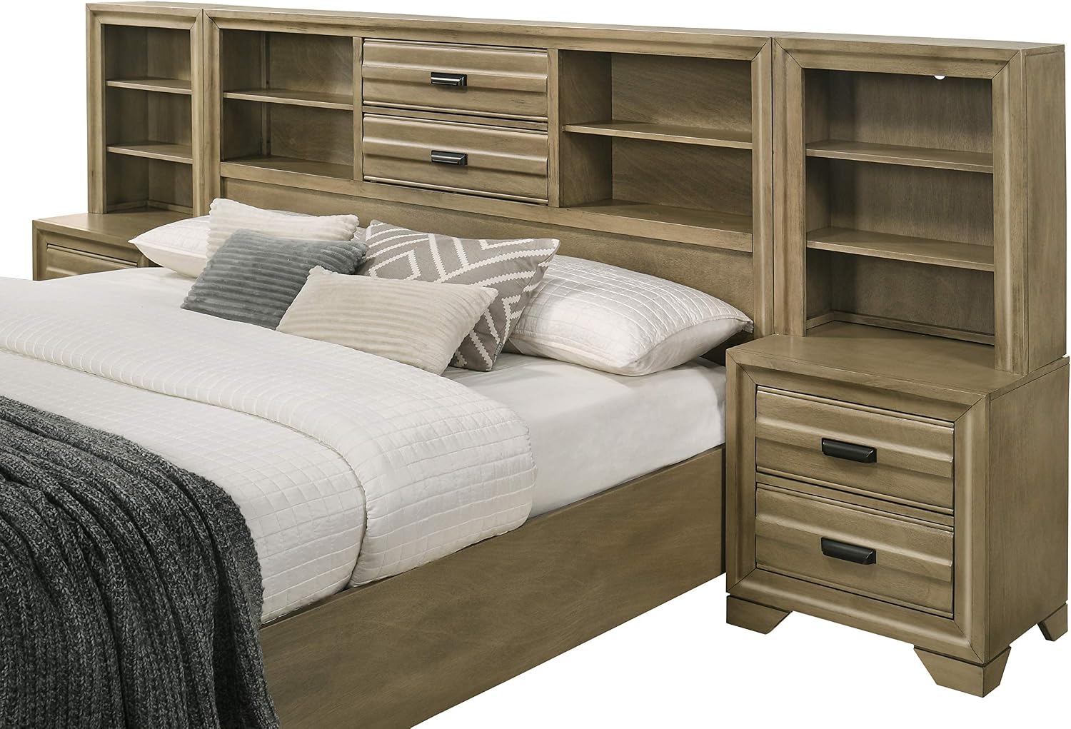 Roundhill Furniture Loiret Storage Platform King WallBed with Dresser and Mirror, Chest, Light Gray