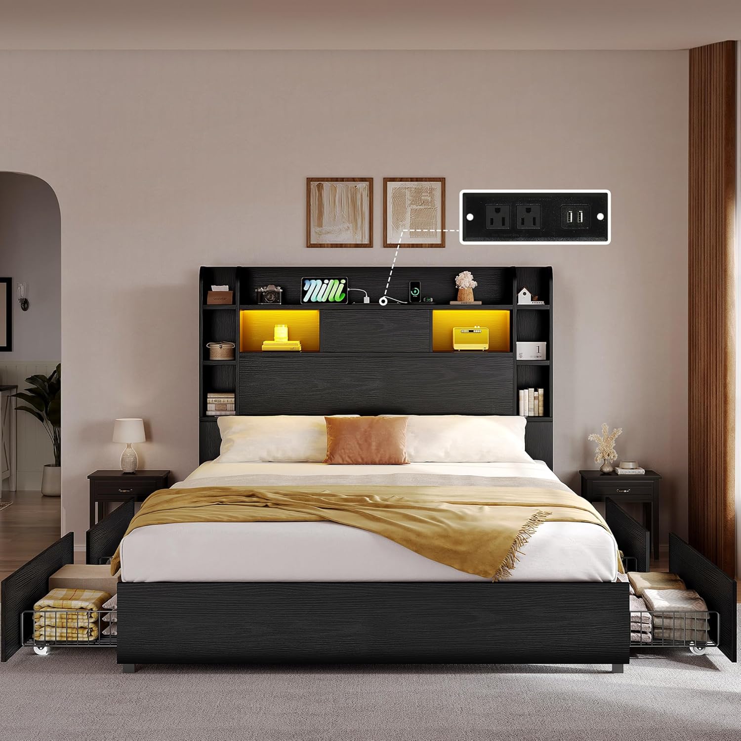 YITAHOME Queen Size Bed Frame with Bookcase Headboard and 4 Storage Drawers, RGB LED Bed Frame with Type-C & USB Charging Station Storage Headboard Bed, No Box Spring Needed, Noise Free, Black