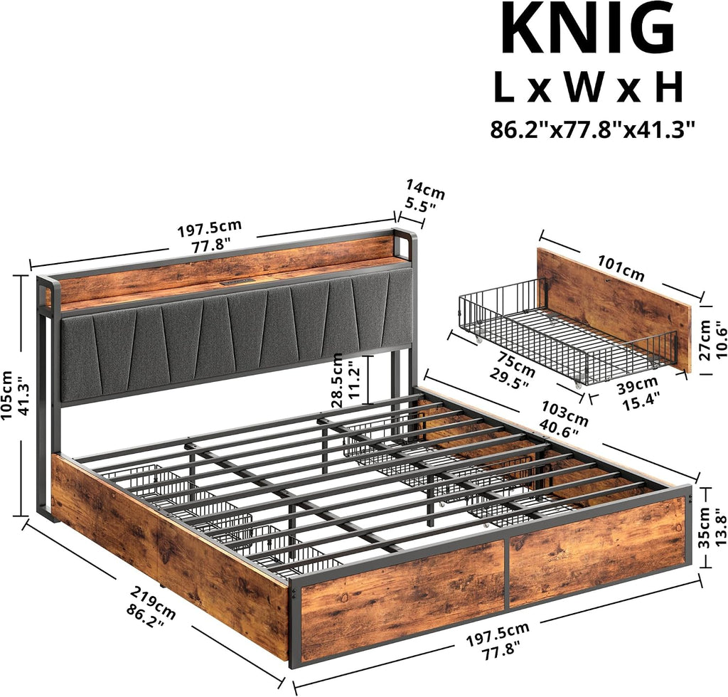 LIKIMIO King Bed Frame with 4 Storage Drawers, Platform Bed with Charged Headboard, Sturdy and Stable, No Noise, No Box Spring Needed, Easy to Install, Vintage Brown and Gray