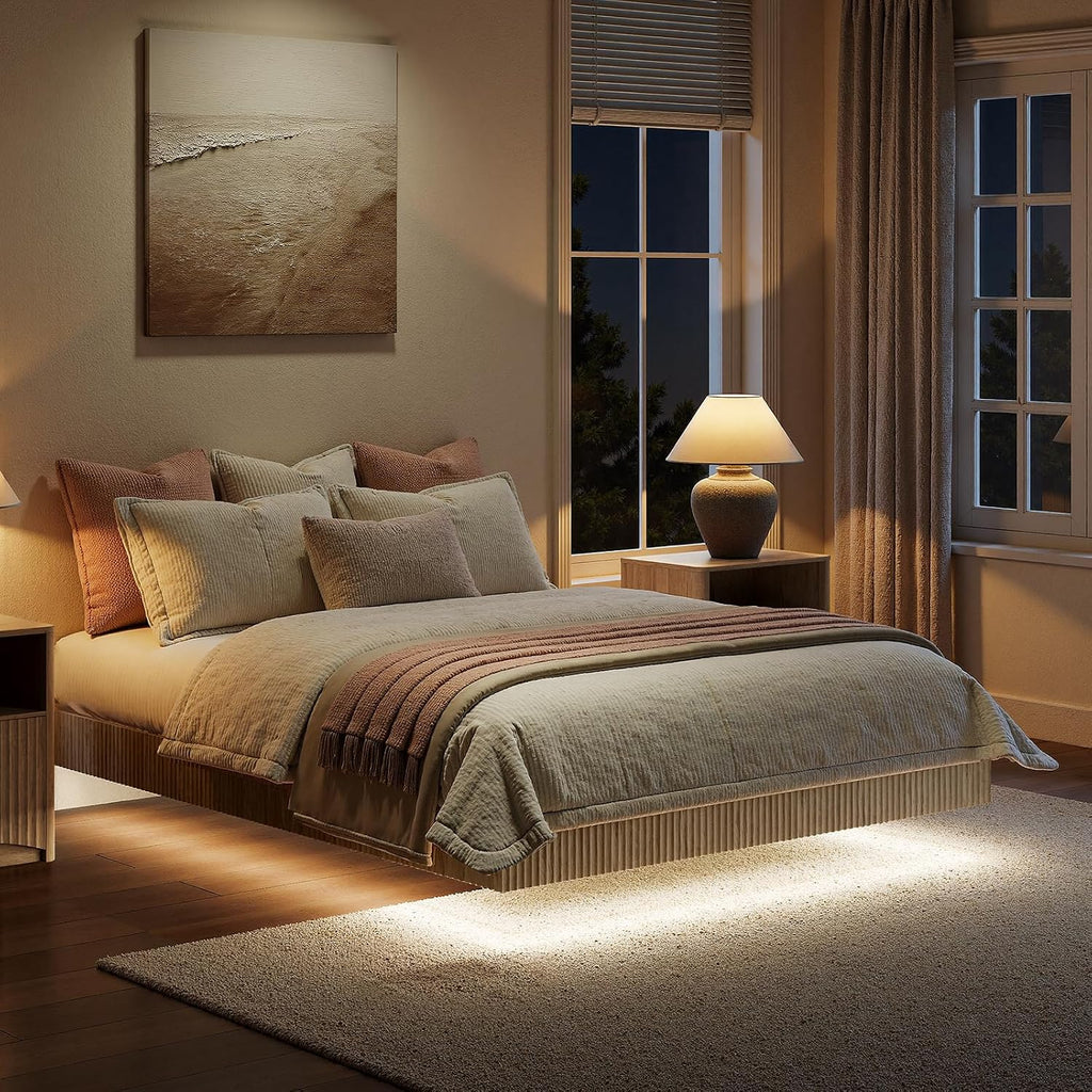 Evermagin Oak Queen Floating Bed Frame with led Lights, Fluted 12In High Platform Bed No Headboard, Heavy Duty Mid Century Modern Float Metal Bedframe, No Box Spring Needed (Oak, Queen-12in high)