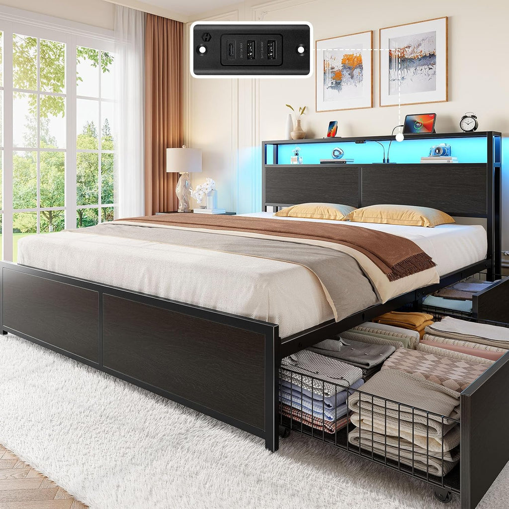 Rolanstar Full Size Bed Frame with 4 Storage Drawers, Charging Station and LED Lights, Metal Platform Bed with 2-Tier Storage Headboard, No Box Spring Needed, Easy Assembly, Noise-Free, Black
