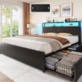 Rolanstar Full Size Bed Frame with 4 Storage Drawers, Charging Station and LED Lights, Metal Platform Bed with 2-Tier Storage Headboard, No Box Spring Needed, Easy Assembly, Noise-Free, Black