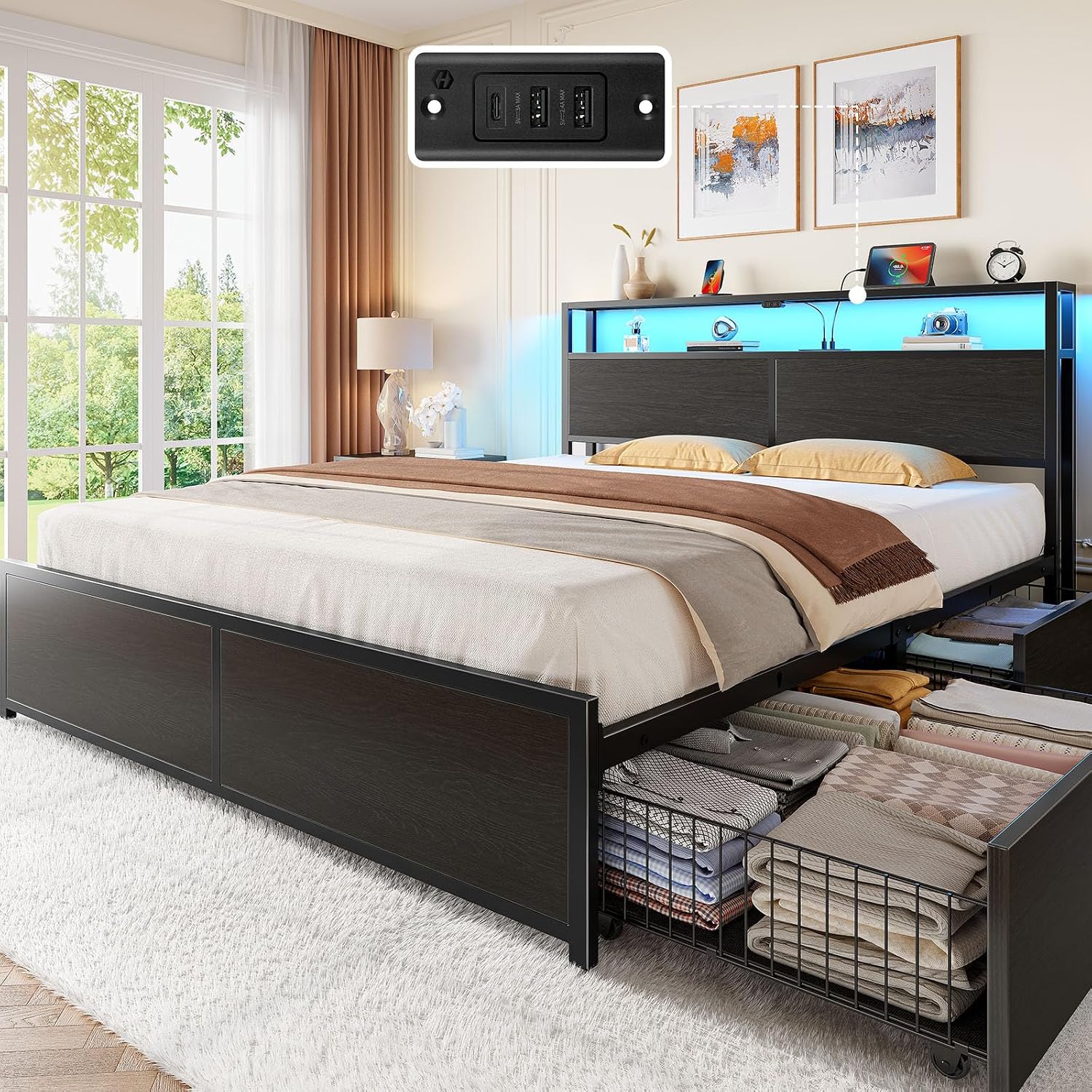 Rolanstar Full Size Bed Frame with 4 Storage Drawers, Charging Station and LED Lights, Metal Platform Bed with 2-Tier Storage Headboard, No Box Spring Needed, Easy Assembly, Noise-Free, Black