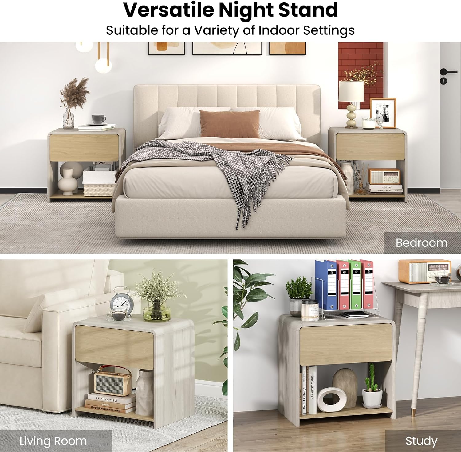 Giantex Modern Nightstand with Drawer Set of 2, Wooden Bedside Table with Storage Open Shelf, Accent End Table for Small Spaces, Curve Design Night Stand for Bedroom Couch Sofa Home Office, Oak