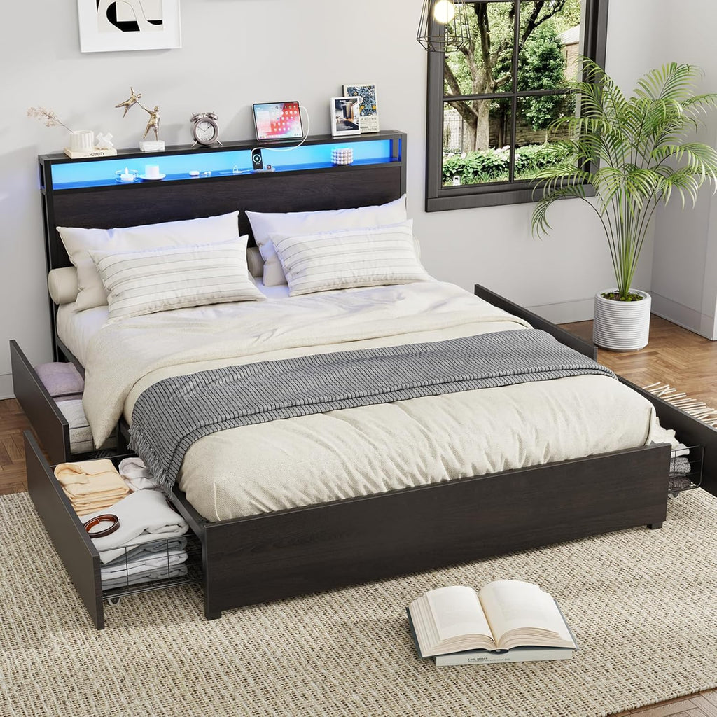 Kiivakii Full Size Bed Frame with Headboard, LED Platform Bed with 4 Storage Drawers, Built in Charging Station, Noise-Free, Metal Support Base, No Box Spring Needed, Black