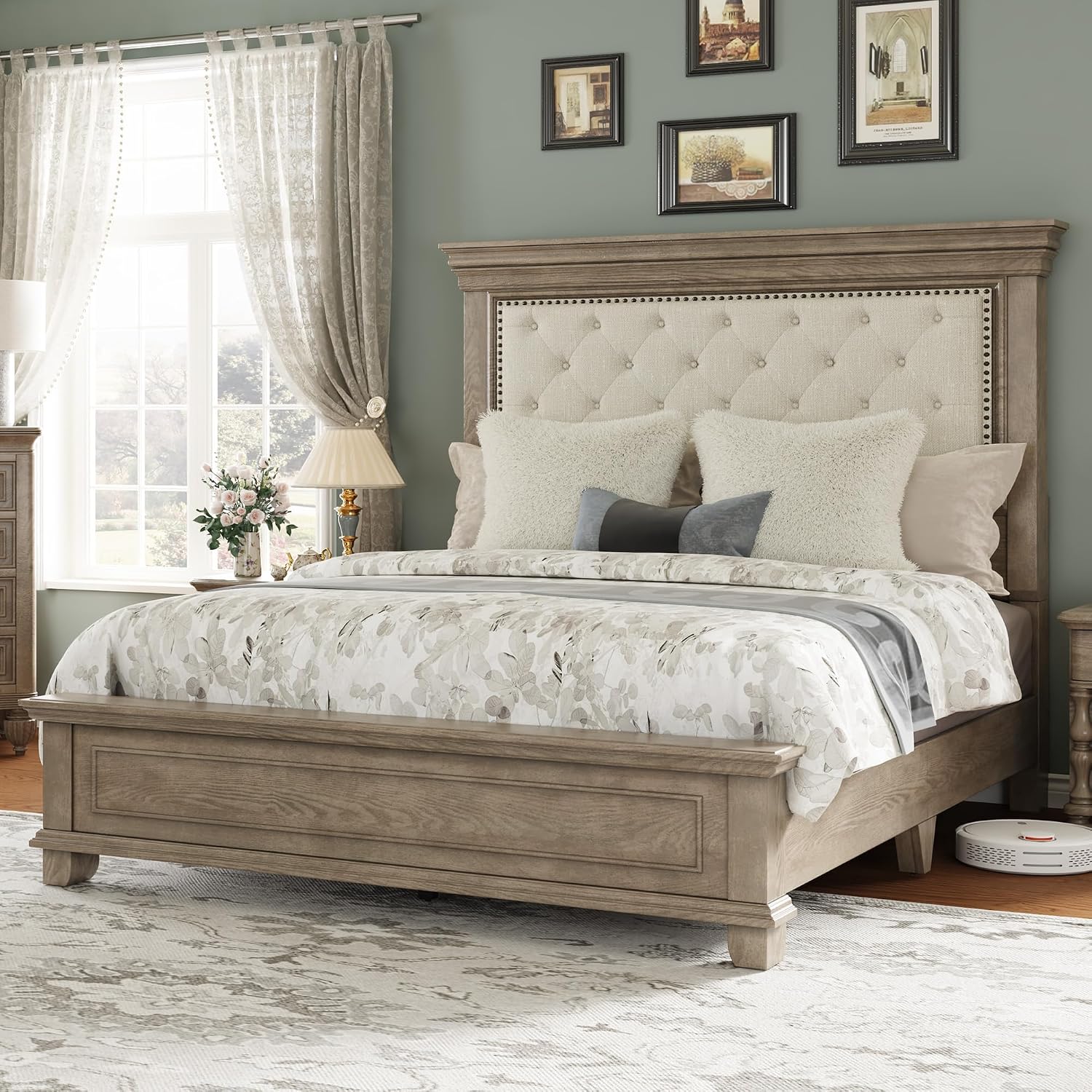 AMERLIFE 68 in Tall Queen Size Bed Frame with Upholstered Headboard, Solid Wood Farmhouse Platform Bed, Bohemian Tufted Wooden Panel Design, Noise-Free, Light Oak