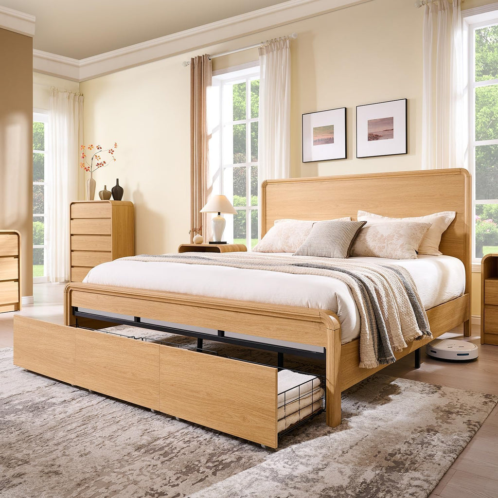 Aitjunz Modern King Size Bed Frame with 50' Tall Headboard, Wood King Size Platform Bed Frame w/3 Storage Drawers, Curved Profile Design, Wood & Steel Platform Bed, No Box Spring Needed, Natural Oak