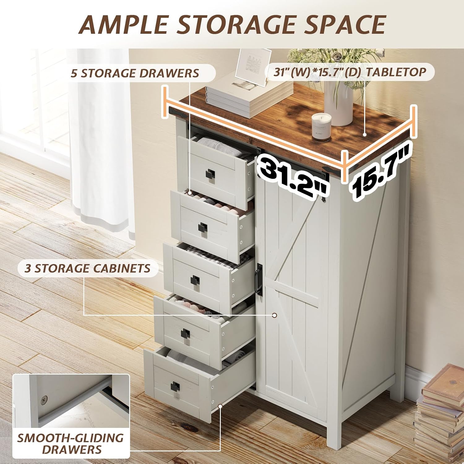 LUXOAK 3 Pieces Bedroom Set - Includes 60' Farmhouse Dresser, 48' Chest of Drawers with Sliding Barn Doors, 48' Tall Storage Cabinet with 5 Drawers, Rustic White