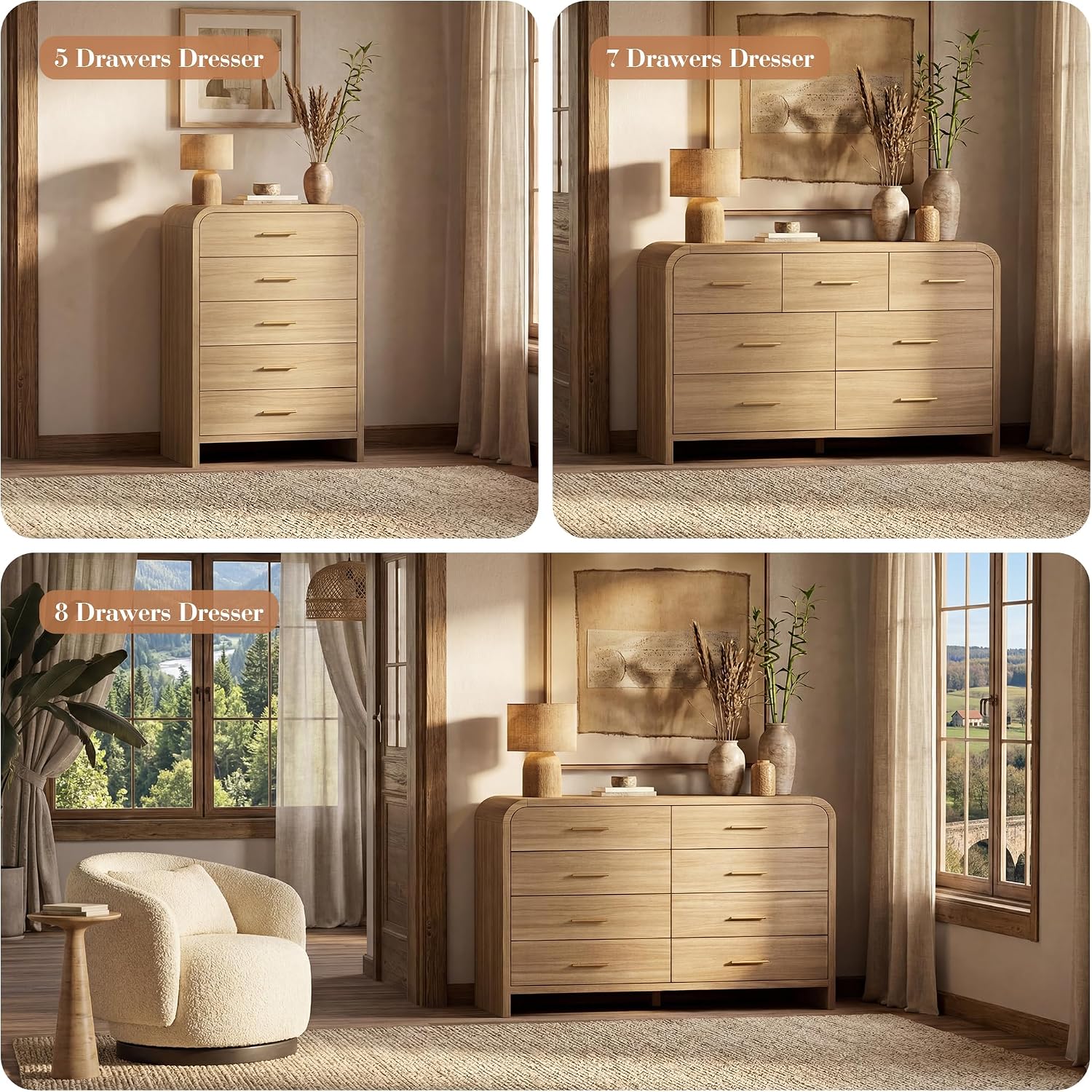 Curved 7-Drawer Dresser for Bedroom, 53.82' Wide Modern Chest of Drawers, Vanity Desk TV Stand for Living Room, Closet Storage Drawers Organizer Furniture, Nursery, Hallway, Oak