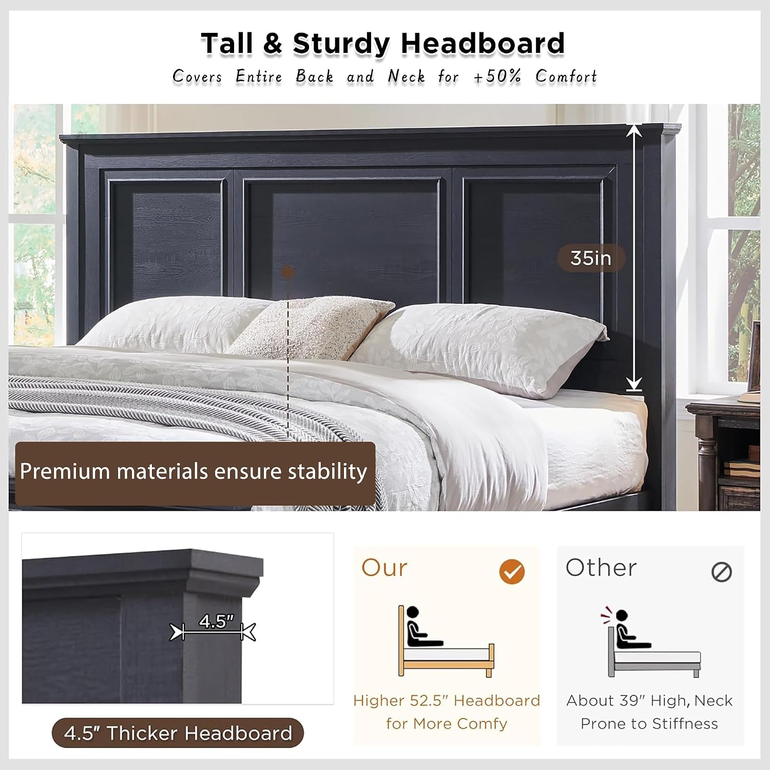 ACCOHOHO Farmhouse Queen Size Bed Frame with 52' Tall Headboard, Wood Platform Bedframe with Footboard and Storage Drawers, No Squeak, No Box Spring Needed, Black