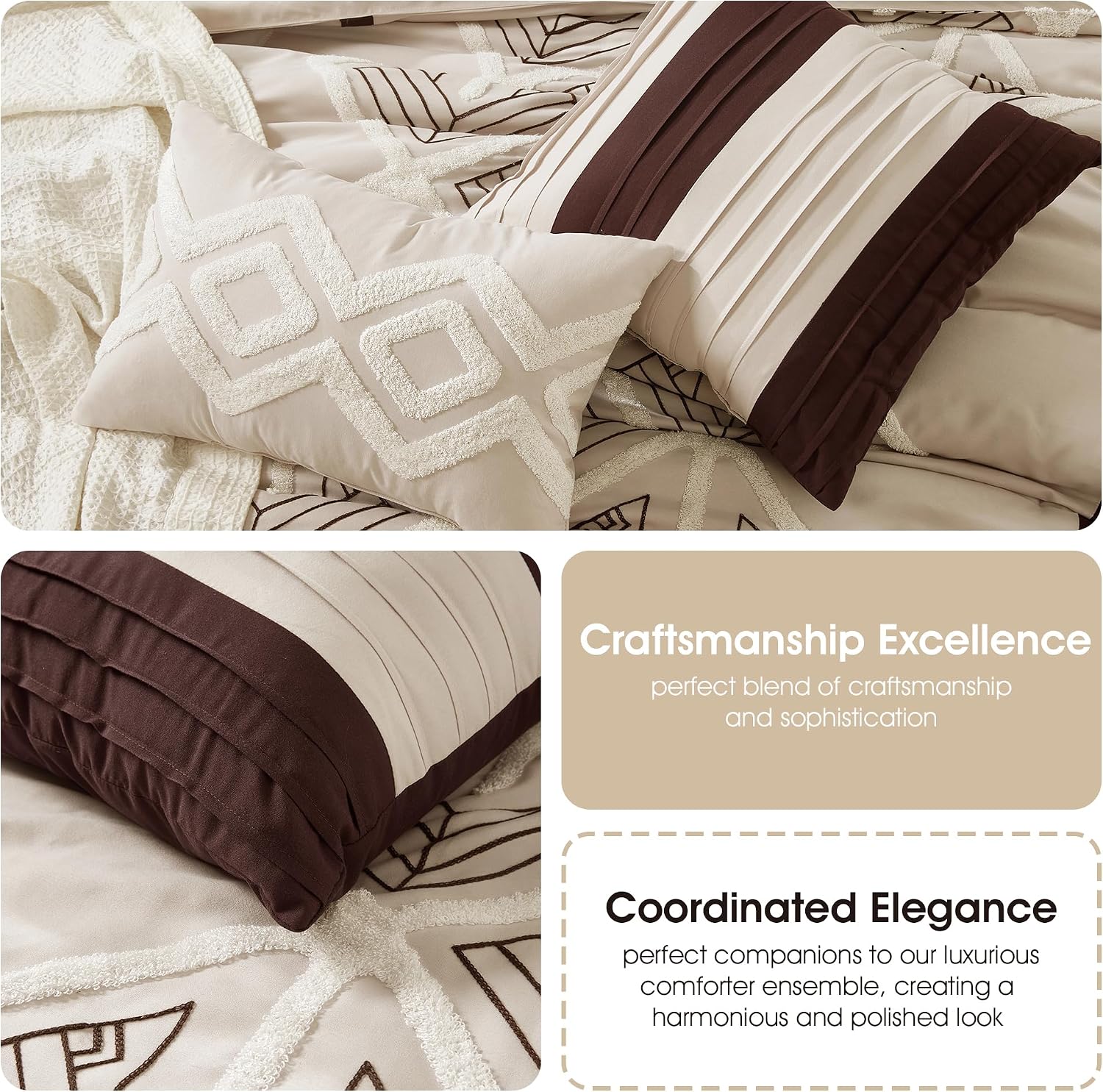 Stratford Park Brown Comforter Set King Size, 7 Piece, Terry Embroidery Geometric Home Decor, Matcking Bed Skirt, Pillows & Shams, All Season Bedding Set