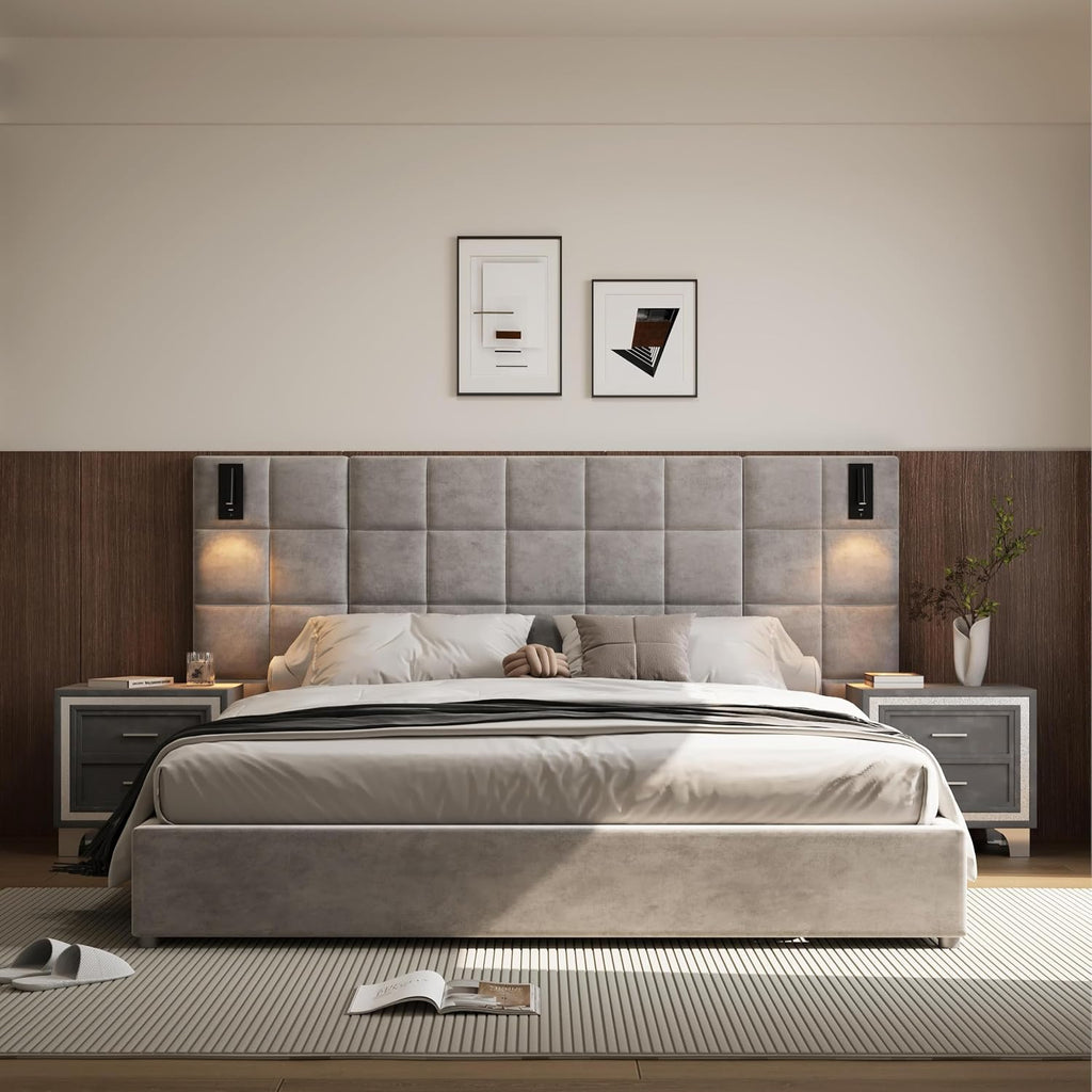 King Platform Bed Frame with 2 Nightstands Set of 1+2, Elegant Velvet Upholstered Bed with Grid Pattern Padded Headboard, 2 LED Wall Sconces & USB Ports, No Box Spring Needed, Pearl Grey
