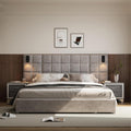 King Platform Bed Frame with 2 Nightstands Set of 1+2, Elegant Velvet Upholstered Bed with Grid Pattern Padded Headboard, 2 LED Wall Sconces & USB Ports, No Box Spring Needed, Pearl Grey
