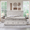 RedLemon Farmhouse Queen Size Wood Bed Frame with 54' Tall Geometric Headboard, 2 Large Storage Drawers, Solid Wood Slats Support, Noise Free, No Box Spring Needed, Antique Brush White