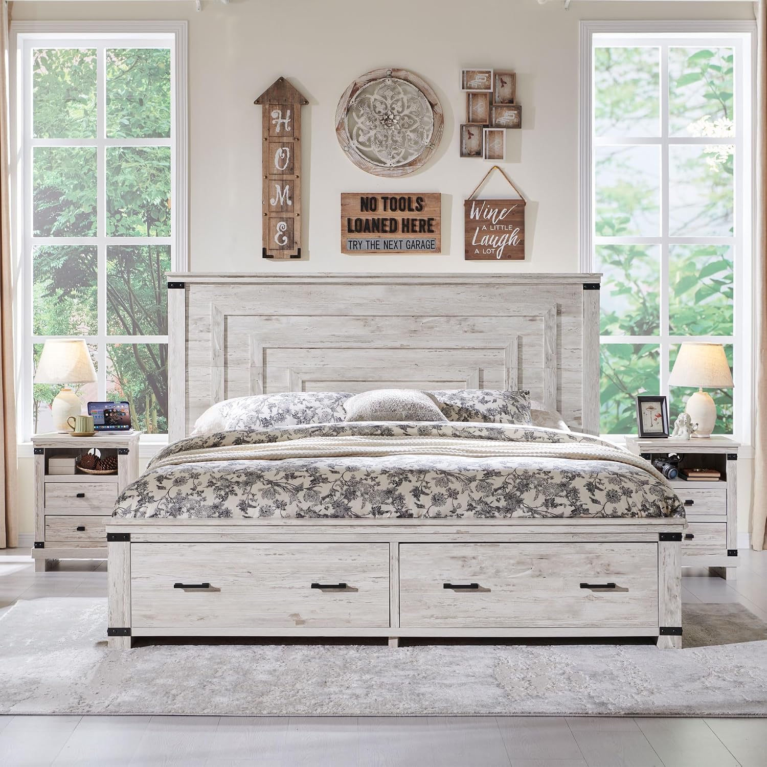 RedLemon Farmhouse Queen Size Wood Bed Frame with 54' Tall Geometric Headboard, 2 Large Storage Drawers, Solid Wood Slats Support, Noise Free, No Box Spring Needed, Antique Brush White