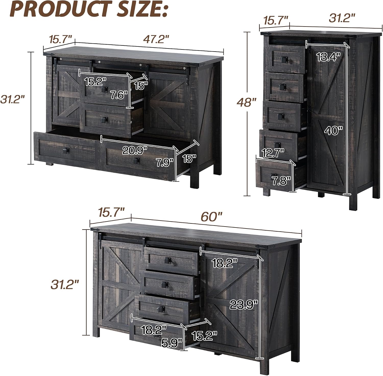 LUXOAK 3 Pieces Bedroom Set - Includes 60' Farmhouse Dresser, 48' Chest of Drawers with Sliding Barn Doors, 48' Tall Storage Cabinet with 5 Drawers, Oak Black